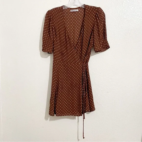Reformation Lucky Wrap Mini Dress in Cappuccino Brown & White Polka Dot Print - Picture 5 of 14